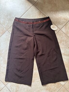 Speechless Dark Brown Wide-Leg Cropped Pants with Sequin Trim Waistband